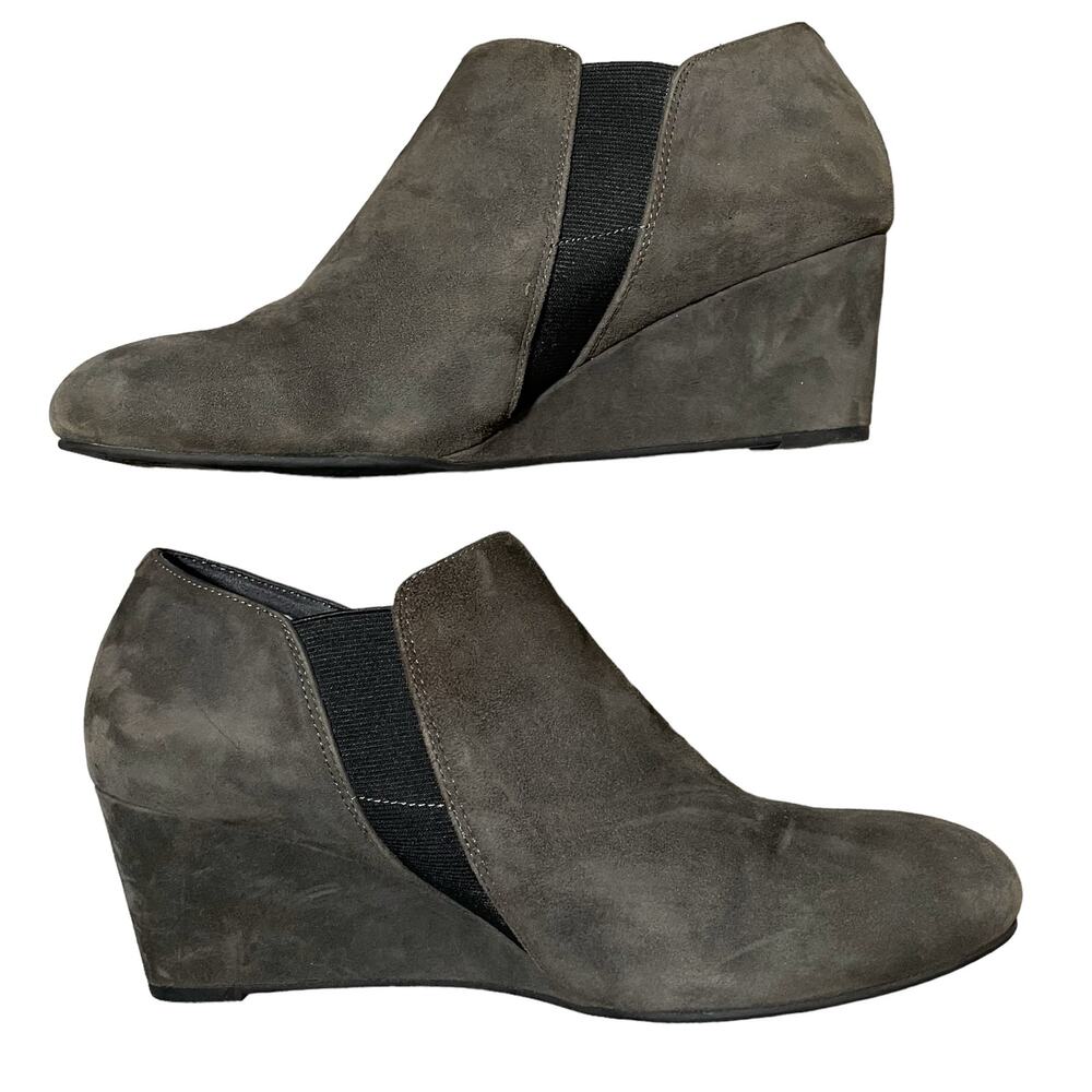 Vionic Elevated Stanton Booties Slate Grey Suede Wedge Ankle Boots Size 10
